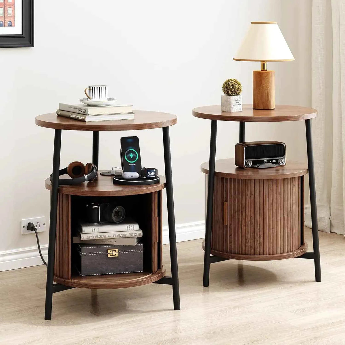 Black Small Round Side Table with Storage, Fluted Nightstand with Charging Station, Modern Bedside Tables, End Tables