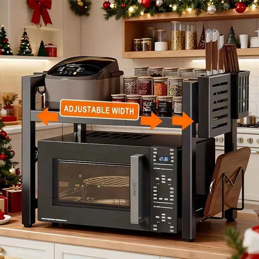Height Adjustable Microwave Stand, Heavy Duty 2-Tier Kitchen Storage Rack with Hooks, Space Saving Countertop Organizer .