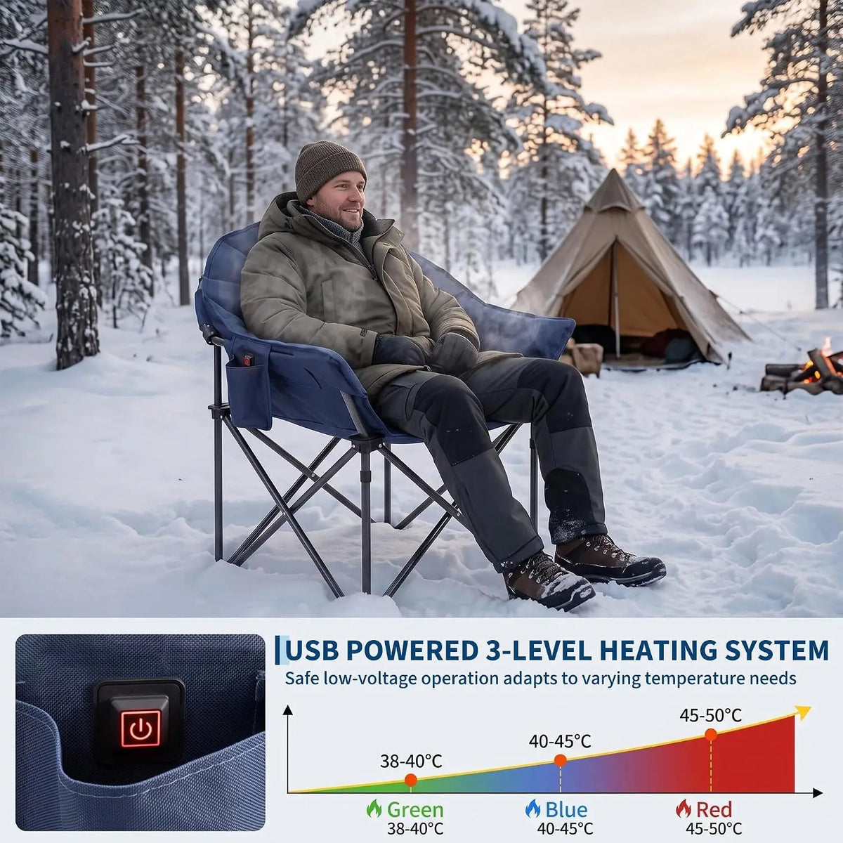 Oversized Heated Camping Chair for Adults – Heavy Duty Padded Outdoor Folding Chair with Cup Holder, Storage Pockets & Big Tall Support