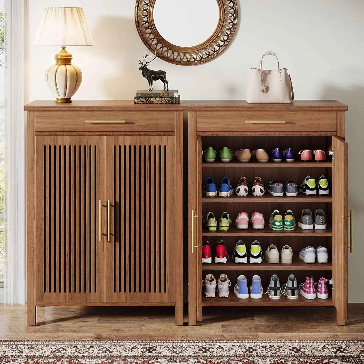 5-Tier Freestanding Shoe Cabinet.  Wooden Shoe Storage Organizer with Louvered Doors And Drawer. Customizable