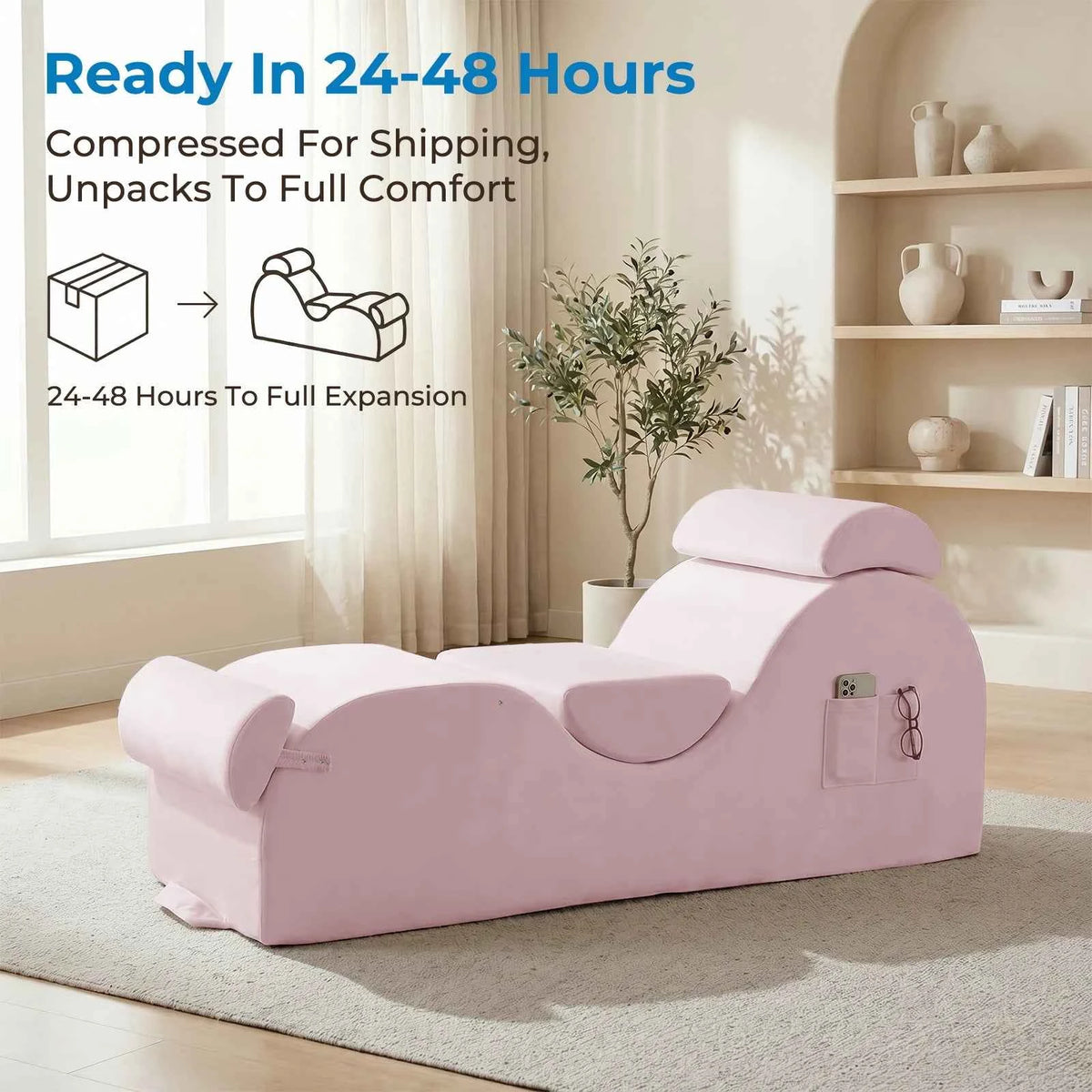 Velvet Curved Yoga Chaise Lounge Chair With Side Pockets. Movable Footrest, Headrest, And Waist Cushion. Adult Sofa Couch For Bedroom, Relaxation, Stretching