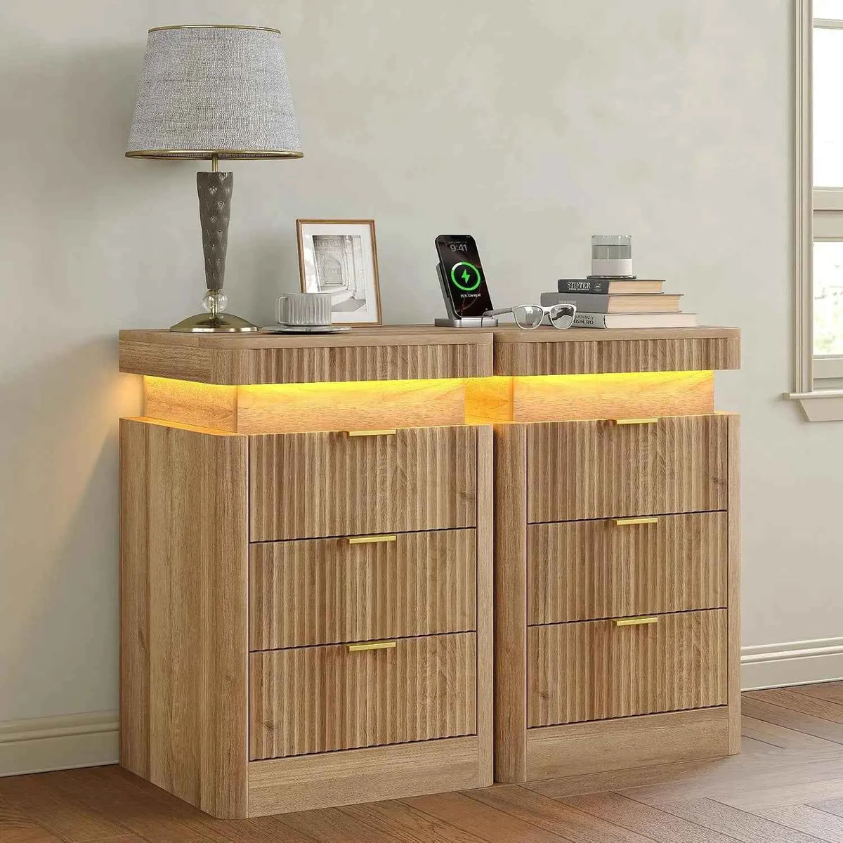 Fluted Nightstand Set of 2,3 Drawers,LED Light & Sliding Top & USB Charging Station,Bedside Table, Custom