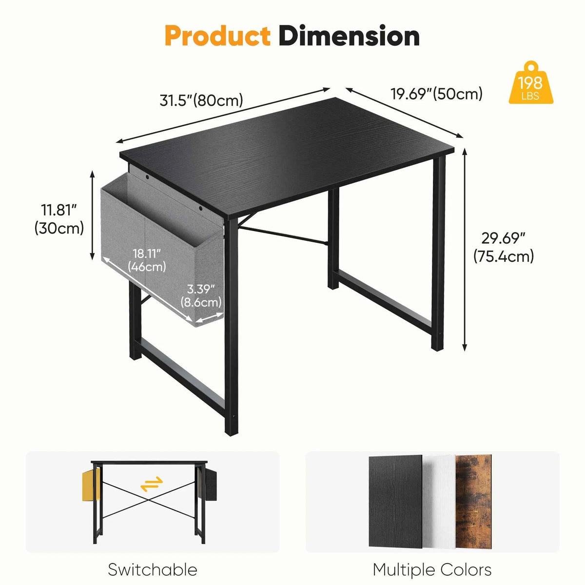 JHK 31IN to 55 Office Desk with Storage Bag. Metal Frame, Wood Tabletop, Easy Assembly