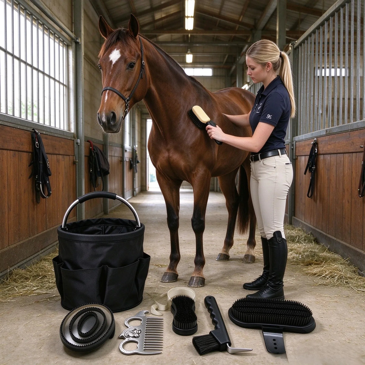 12Pcs Horse Grooming Kit Horse Care; Brushes & Combs Set with Foldable Storage Bucket. Equestrian Horse Cleaning Tools