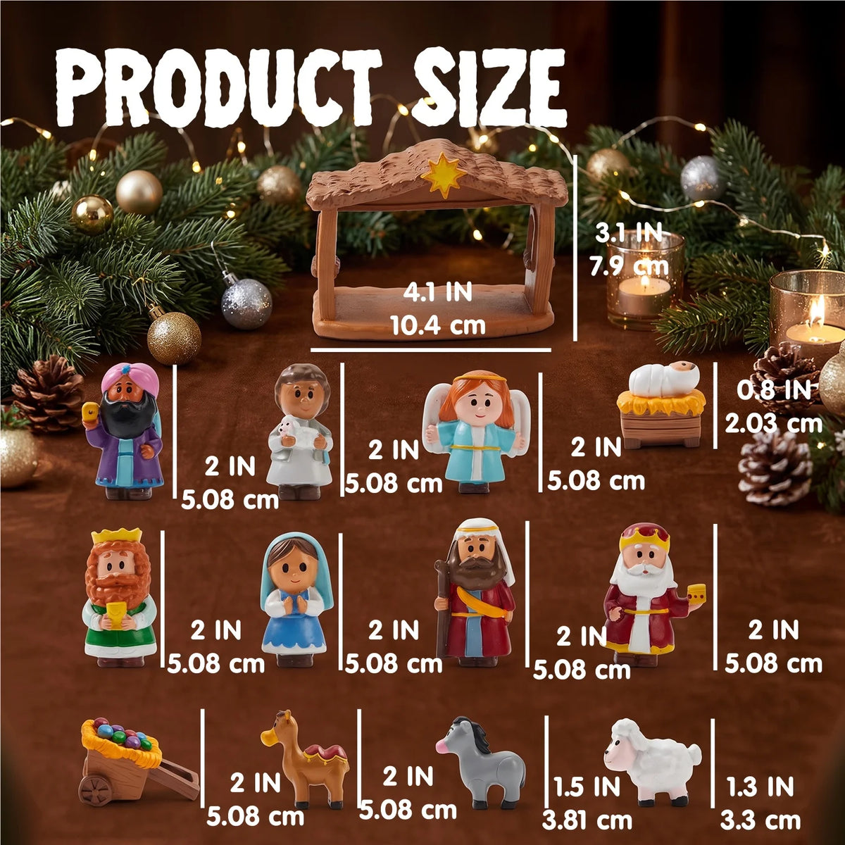 13pcs Christmas Story scene of baby Jesus in the manger. With the angels, animals, wise men. and a few other miniature items. That the kids can move around.