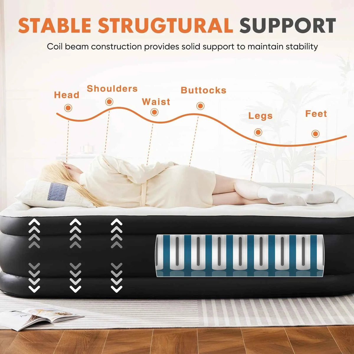 JHK Queen Or Twin Size Air Mattress. Blow Up Double Height with Non-Slip Bottom. Weight Capacity 660 lbs. Air Bed for  Home or Camping