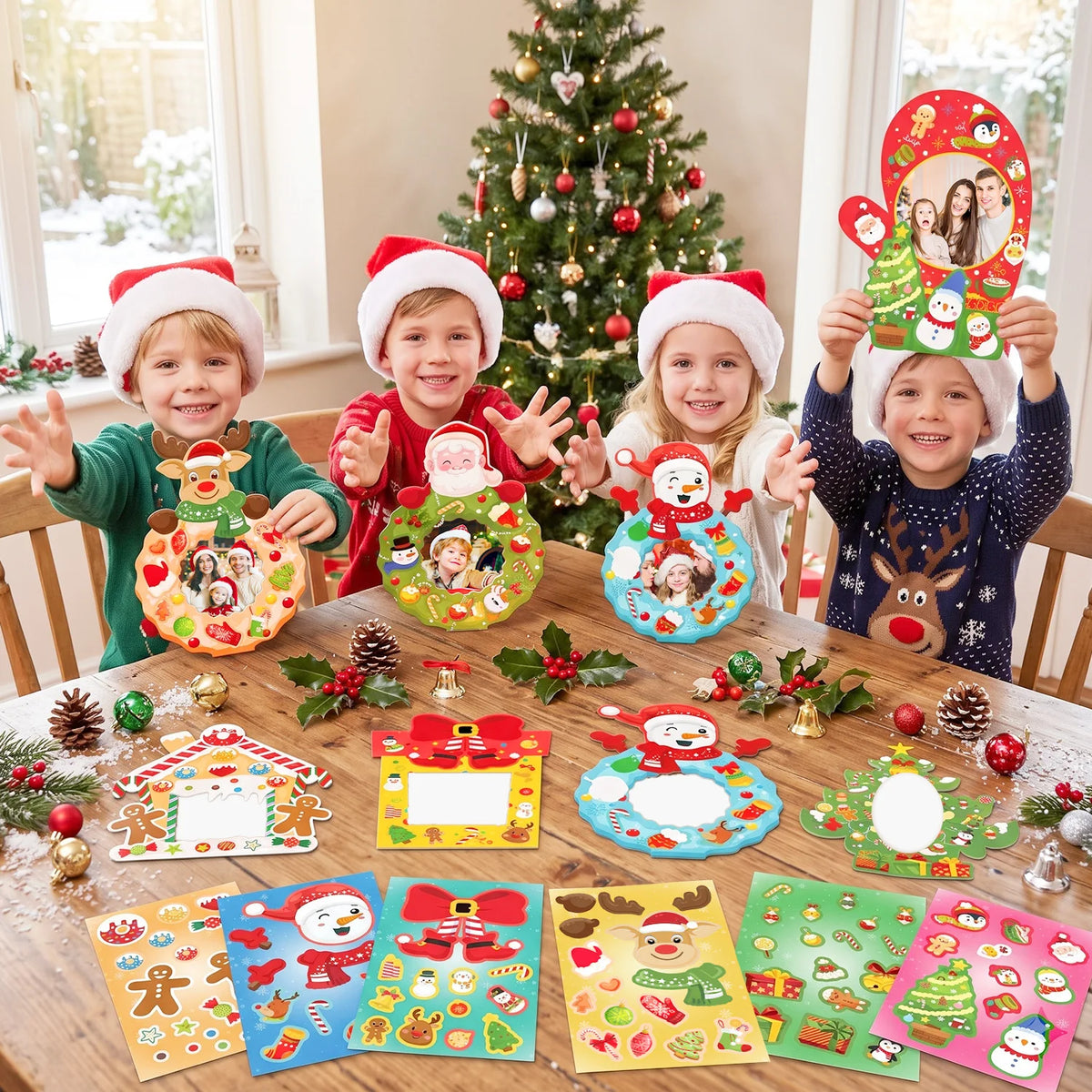 32 Pcs Christmas Photo Decorations + 32 Pcs Christmas DIY Stickers that are Christmas Themes. Stickers for Christmas Party Decorations or Christmas Eve Party Supplies