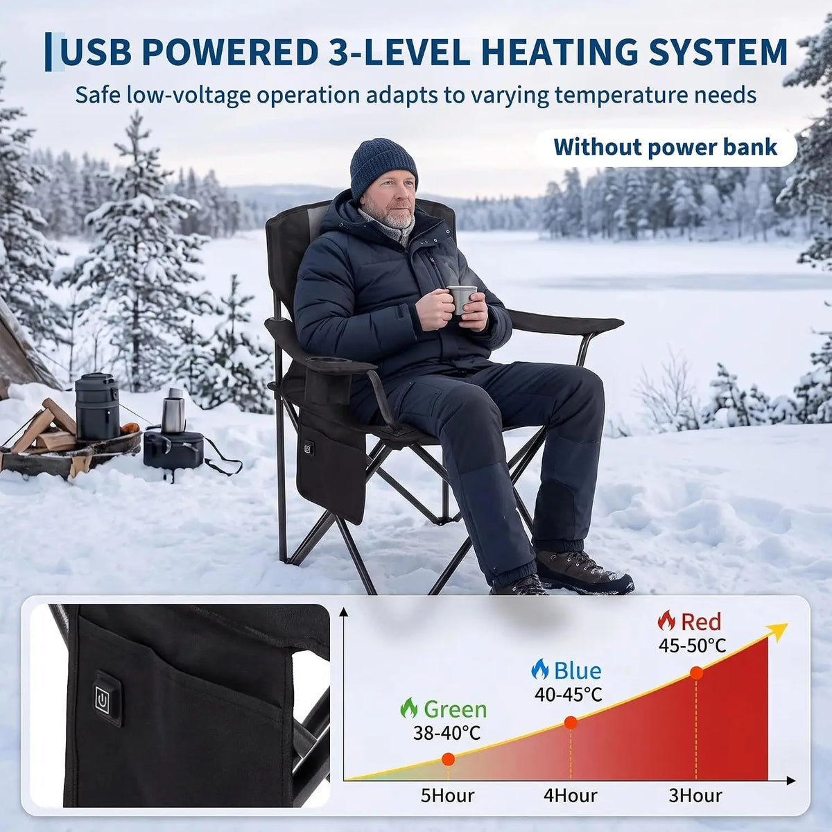 Heated Camping Chair For Adults, Dual-Zone Seat & Back, 3 Heat Levels, Folding Chair With Cup Holder & Storage Pockets, USB Powered