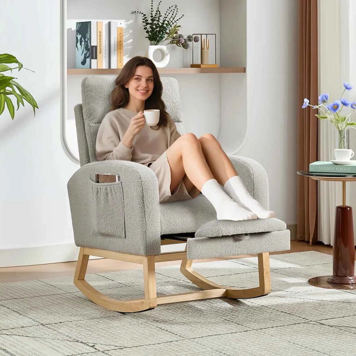 Modern Nursery Rocking Chair, Teddy Upholstered Rocking Chair with Footrest, & with Side Pocket, Rocker Glider for Living Room, Bedroom, Nursing Room