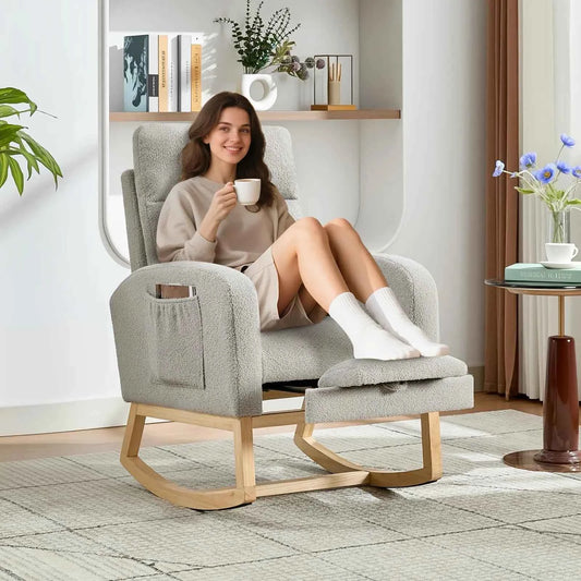 Modern Nursery Rocking Chair, Teddy Upholstered Rocking Chair with Footrest, & with Side Pocket, Rocker Glider for Living Room, Bedroom, Nursing Room