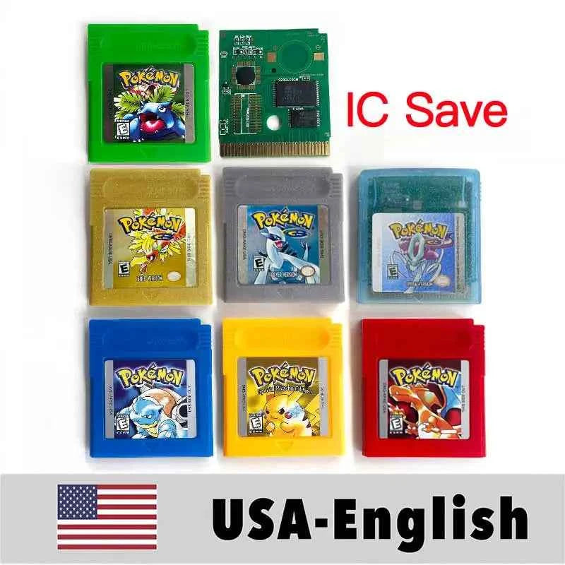 USA IC Save cart Pokemon Crystal, Red, Blue green,Yellow, Gold, Silver, Game Cartridge for GBC
