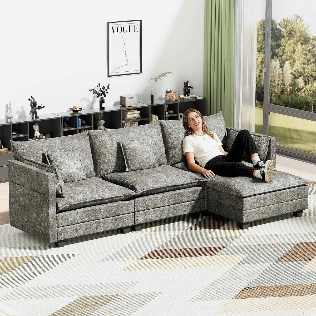 112.5" L-Shape Modular Sofa with Ottoman, Deep Seat Sleeper, 3 Throw & 2 Arm Pillows, Upholstered Furniture , Custom