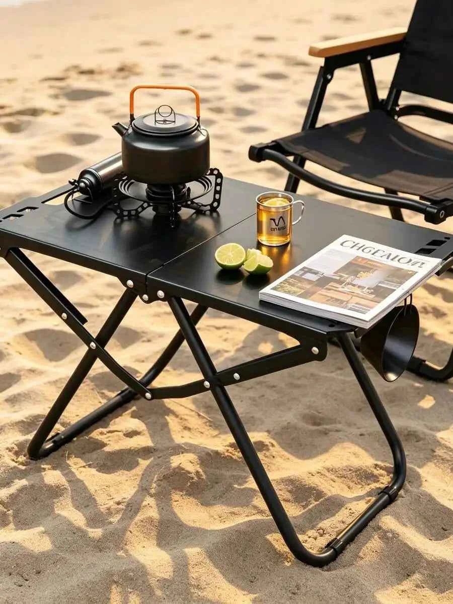 1-piece foldable portable table with cup holder, lightweight aluminum outdoor side table suitable for beach, picnic, fishing, hiking, and travel