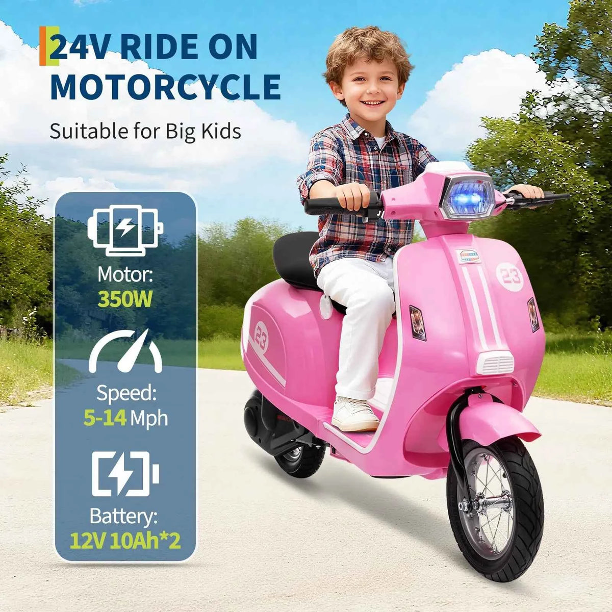 24V Electric Moped For Kids of Ages 8-14, 350W Ride On Moped, 14 MPH, Dual 10Ah Batteries, 12in Pneumatic Tires, Suspension