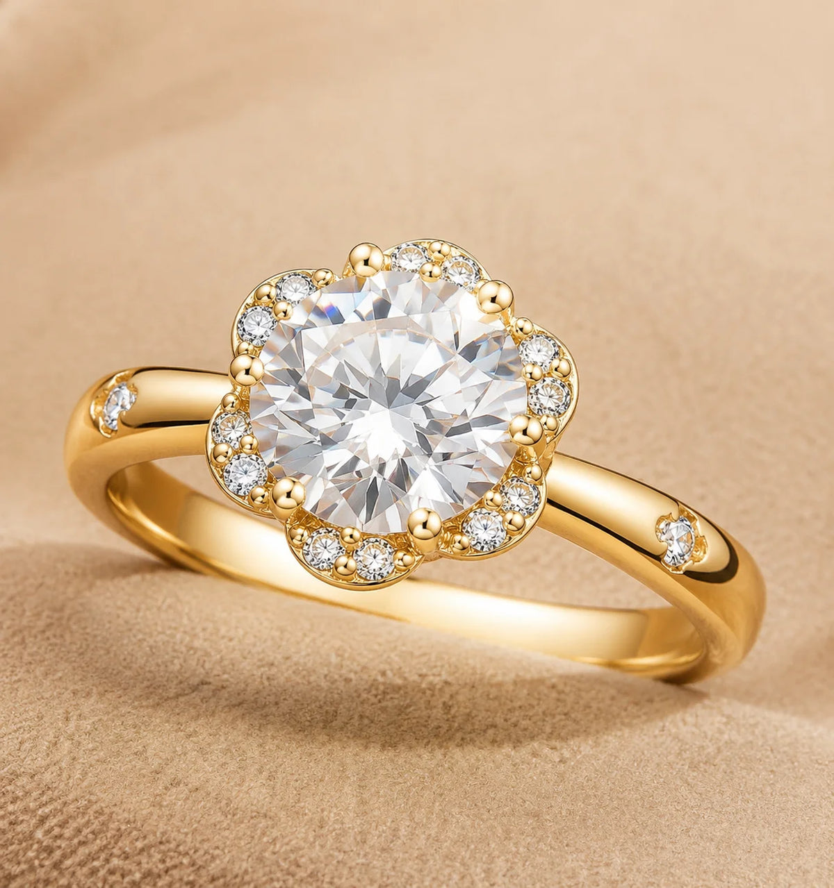 3CT Flower Shaped CZ Engagement Ring for Women, 18K Yellow Gold Plated Floral Solitaire Wedding Promise Band, Luxury Fine Jewelry for Anniversary & Holiday Gifts