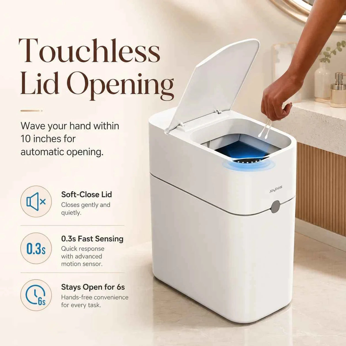 JOYBOS Touchless Trash Can with Motion Sensor & Auto Bag-Suction System, Hands-Free Operation Suitable for Small Spaces, Compact Waste Bin with Press-to-Open Lid, ABS/Polypropylene Garbage Pail, RV, Narrow Corners, RV Essenti