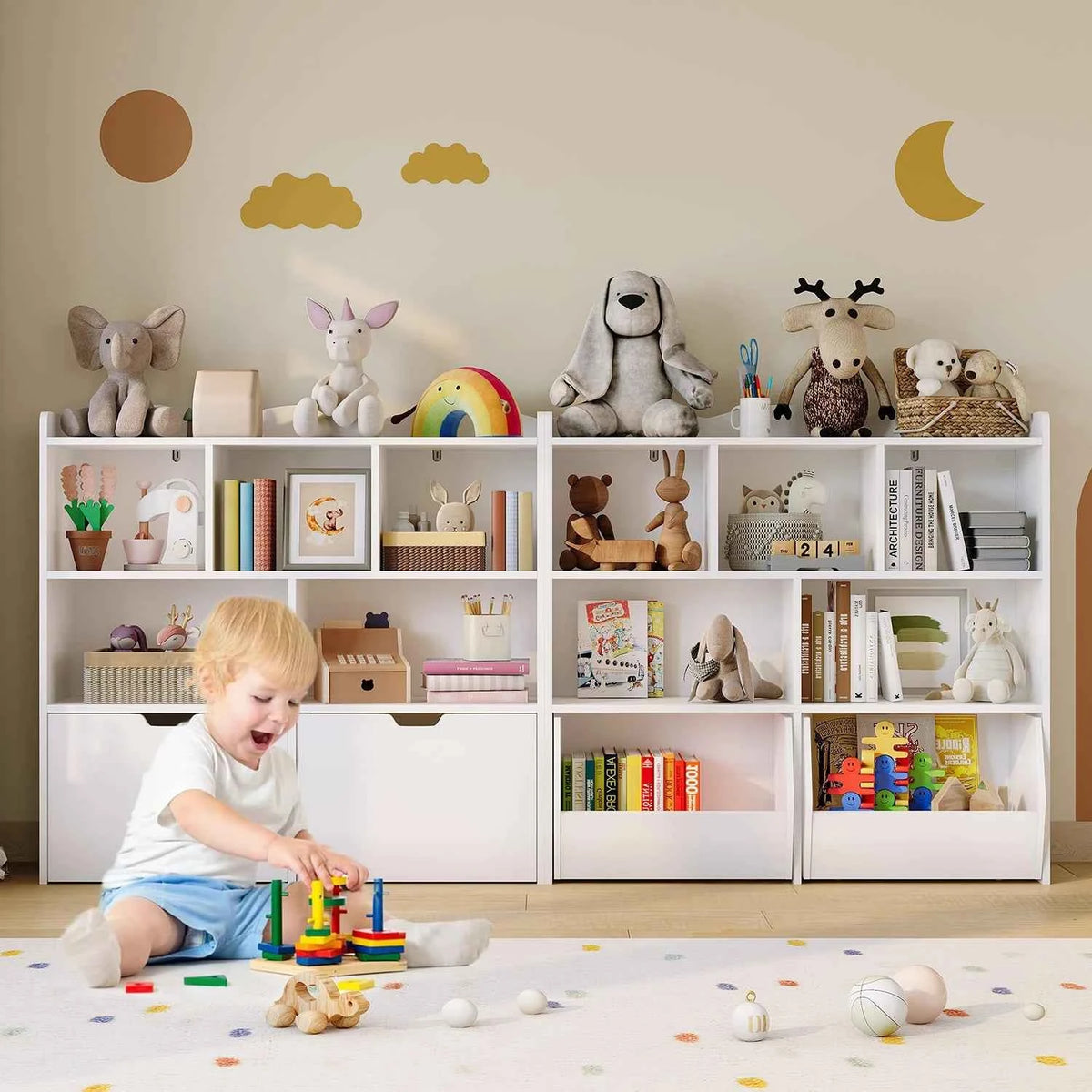 Toy Storage Organizer With 2 Rolling Drawers, Kids Bookshelf With 5 Open Cubbies, Storage Cabinet For Playroom, Bedroom And Nursery