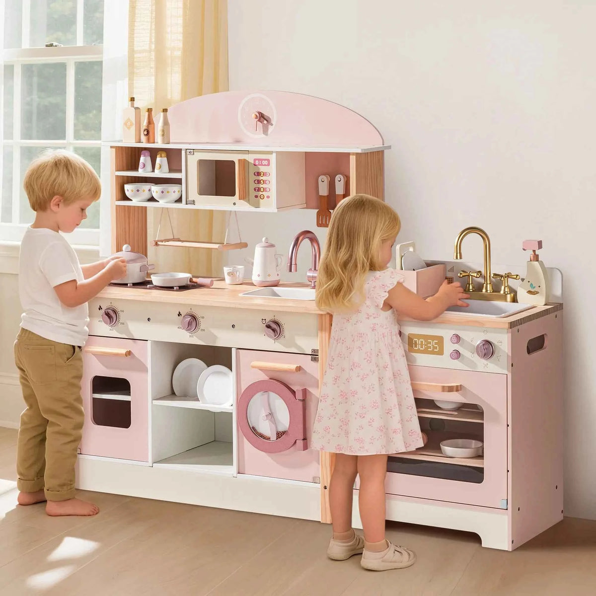 Robud Kids Wooden Pink Play Kitchen. All in 1 Corner Set Includes Oven, Refrigerator. Washer. Perfect Birthday Gift for Little Chefs.