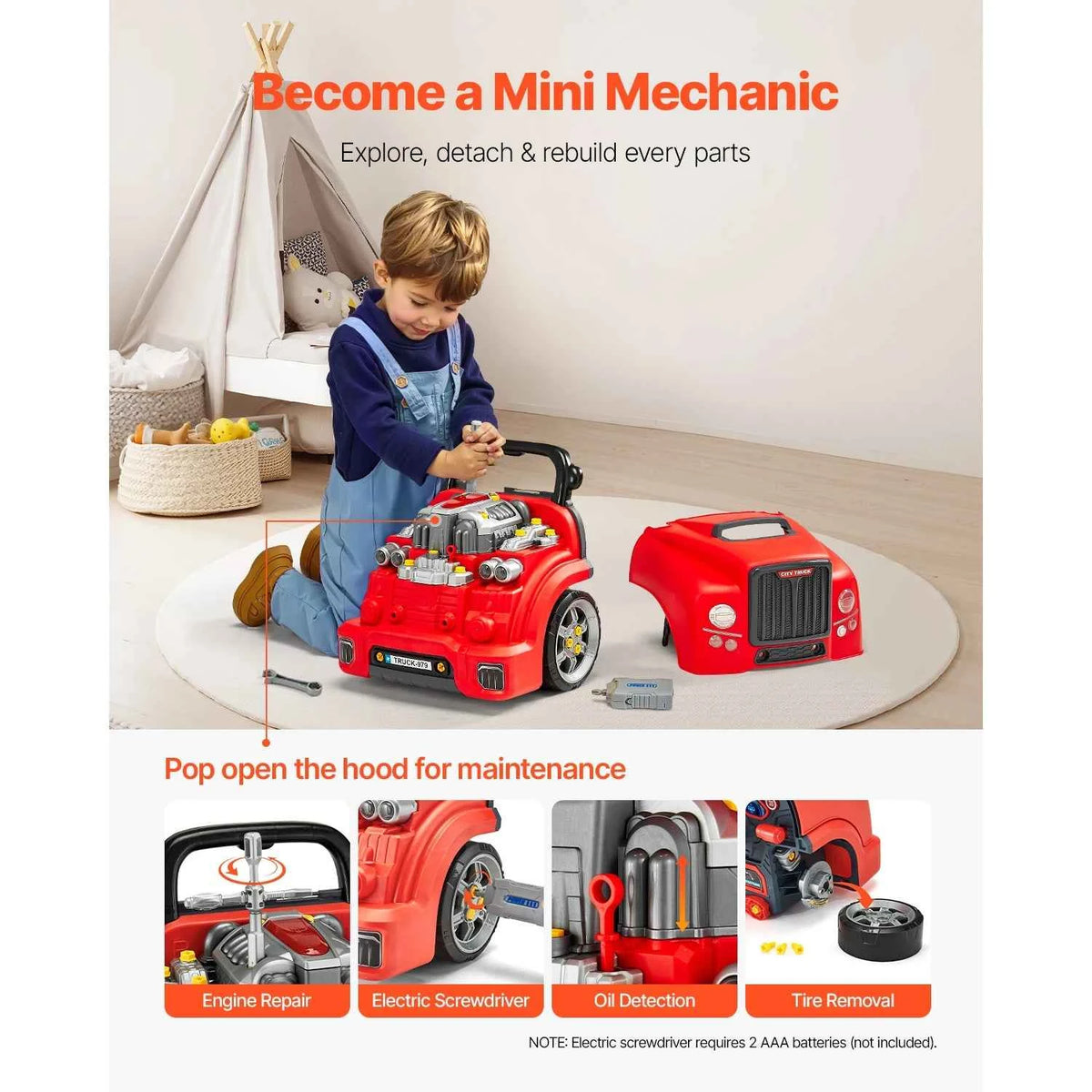 SucceBuy 60 Pcs Kids Mechanic Car Repair Set with Removable Parts & Horn. Workshop Set Engine Toy for Toddler & Children