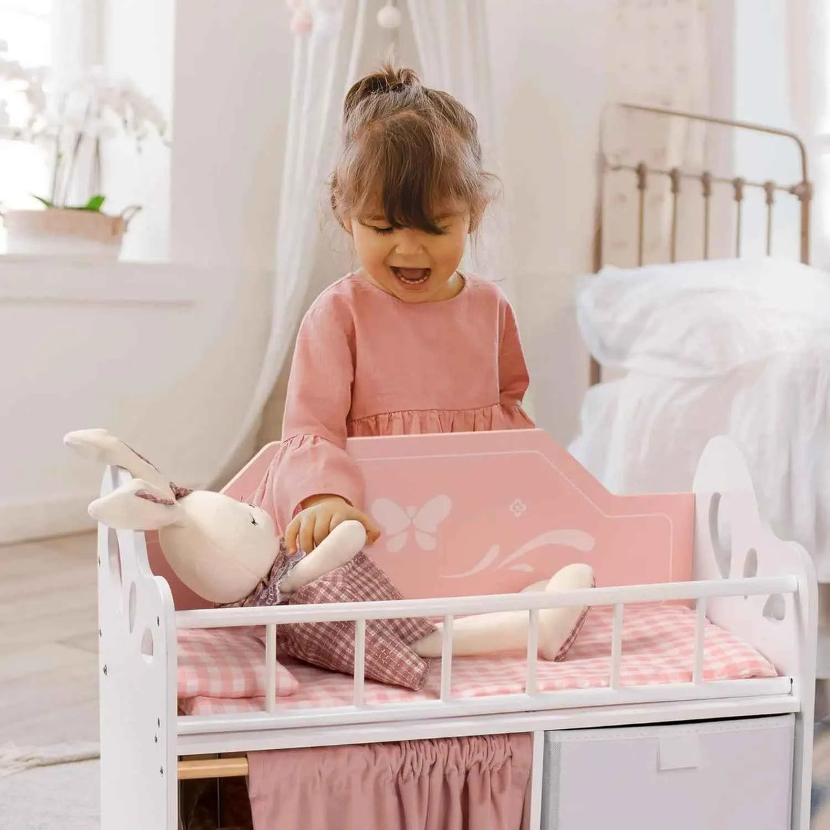 Wooden Toy Baby Crib with Storage,  Bedding. Wooden Hooks. Doll Crib will Fit Dolls up to 21 inches. Girls ages 3+  . Pink
