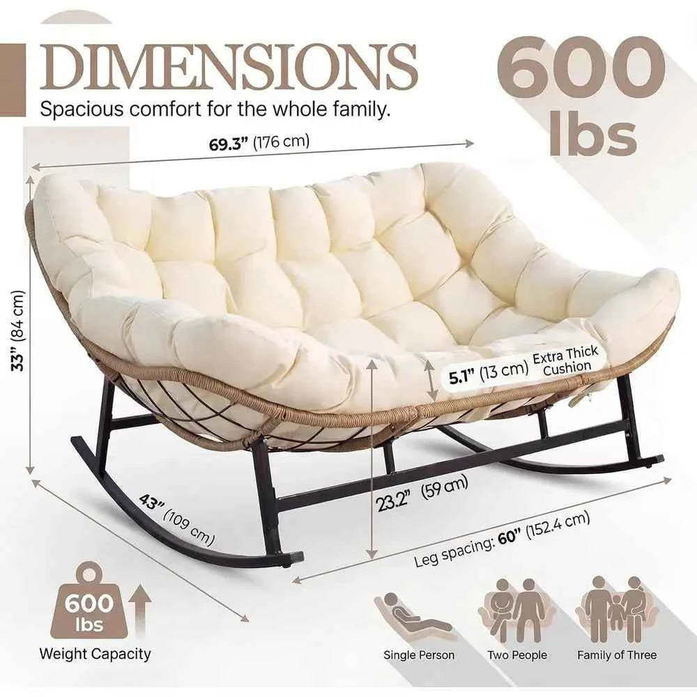Oversized Double Rocking Papasan Chair with Thick Cushion, 2 Person Big Wicker Outdoor Comy Recliner, Extra Large Heavy Duty Egg