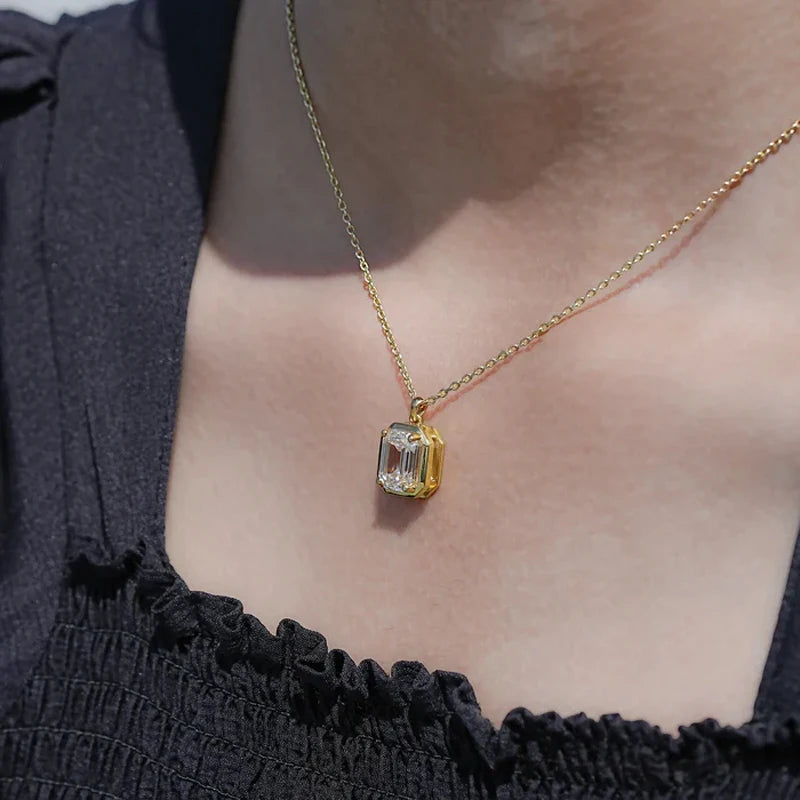 OXTAO Minimalist Moissanite Solitaire Pendant Necklace, Emerald Cut D VVS1 for Women, 14K Gold Filled Charm Necklace