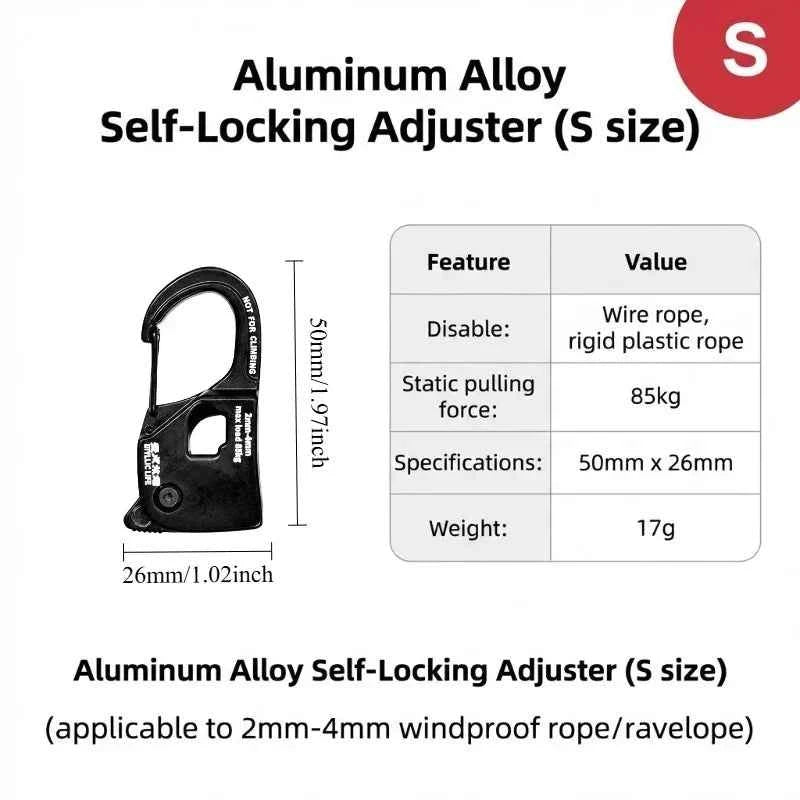 1×Aluminum Alloy Tent Rope Tensioner. Stainless Steel. Self Lock Rope Adjuster 2-10mm. Anti-Slip Tarp Tightener. Outdoor Accessories
