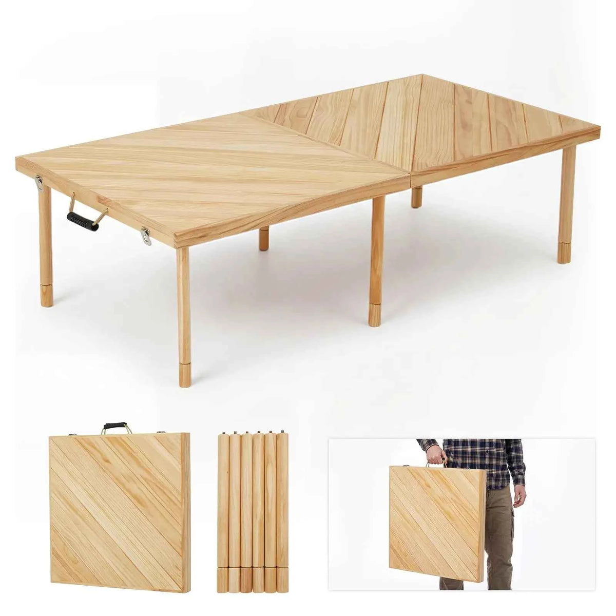 44/60in Solid Wood Portable Folding Picnic Table, Adjustable Height.  Low Table With Carry Handle, Compact Outdoor Table