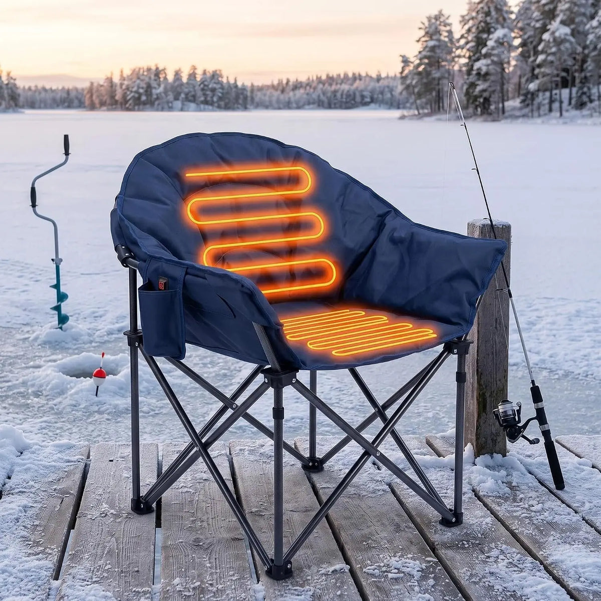 Oversized Heated Camping Chair for Adults – Heavy Duty Padded Outdoor Folding Chair with Cup Holder, Storage Pockets & Big Tall Support