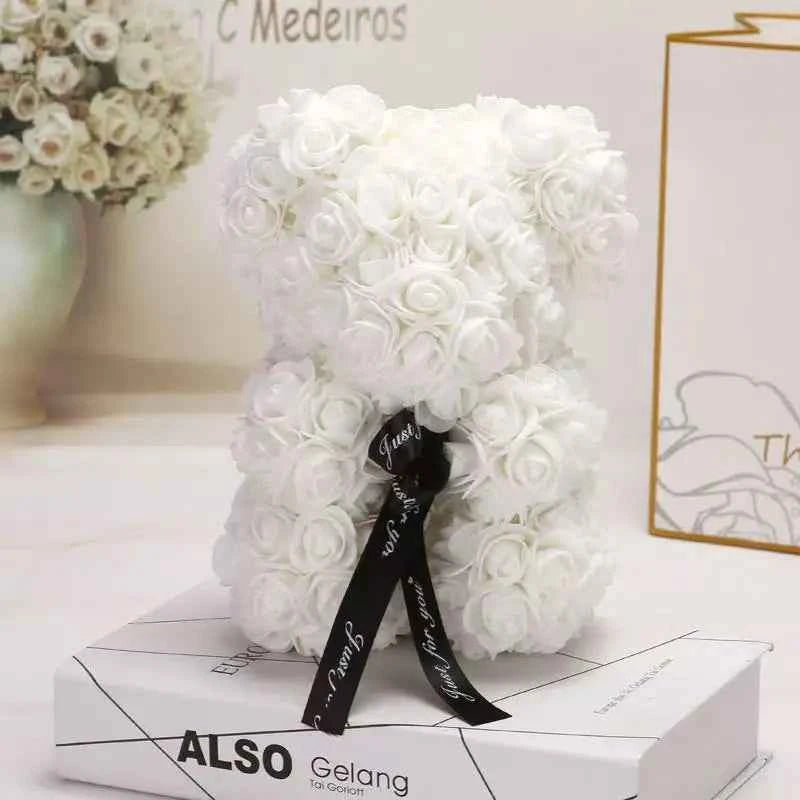 25cm Artificial Teddy Rose Flower Bear with Box. Romantic Valentines Day Gift, Girlfriend,  Anniversary, Wedding Party, Supplies