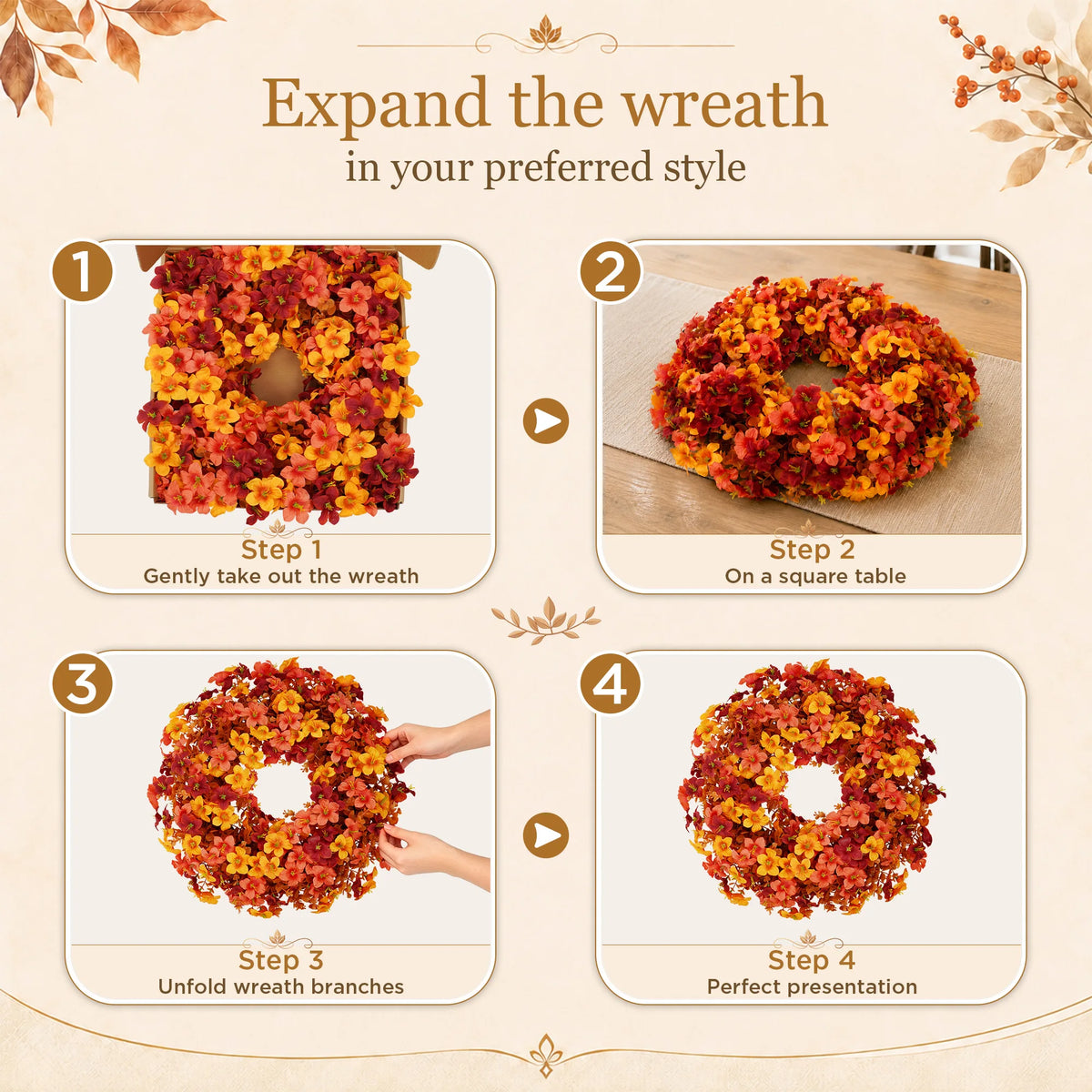 Artificial Fall Wreath 22 Inch Autumn Front Door Wreath with Orange Yellow Floral, Thanksgiving Harvest Wreath for Porch, Wall, Fireplace. or Window