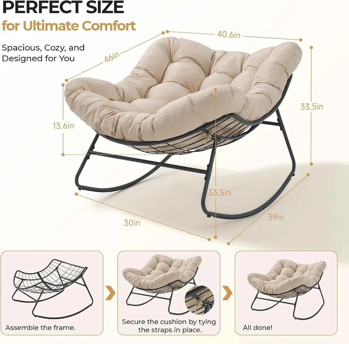 Papasan Rocking Chair, Oversized Patio Lounge Chair, 450 lbs | Oversized Comfort, Smooth & Quiet Rocking, Thick Cushioned Seat,