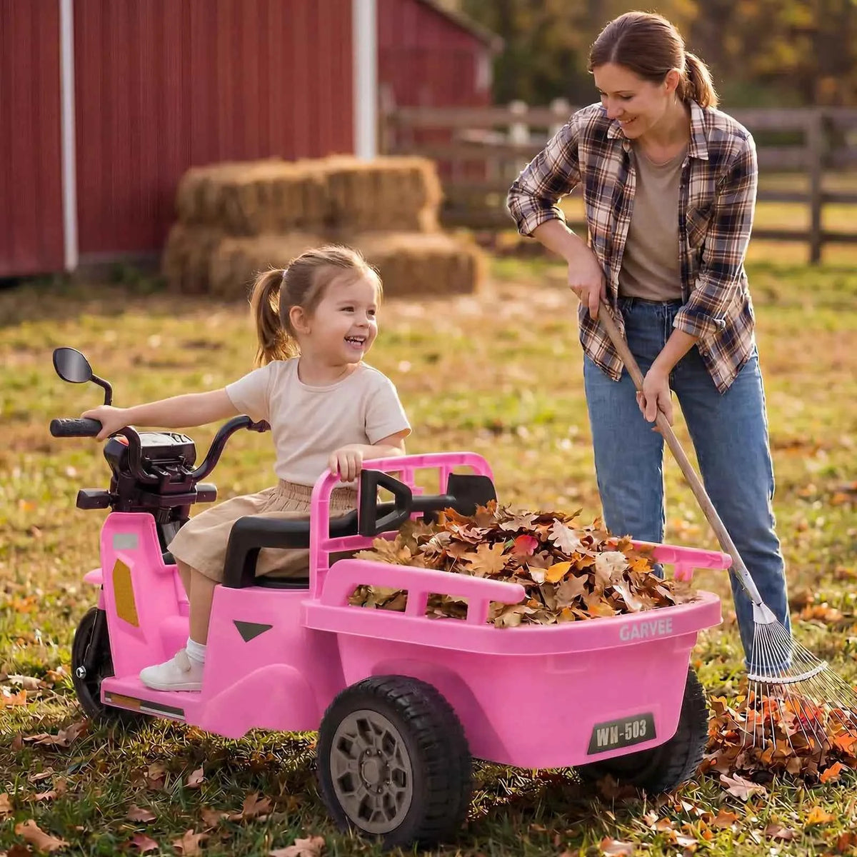 12V Kids Electric Tricycle With Trailer, 110W Ride On Motorcycle Tractor, Sand Shovel, Bluetooth Music, LED Headlight, 3 Speeds