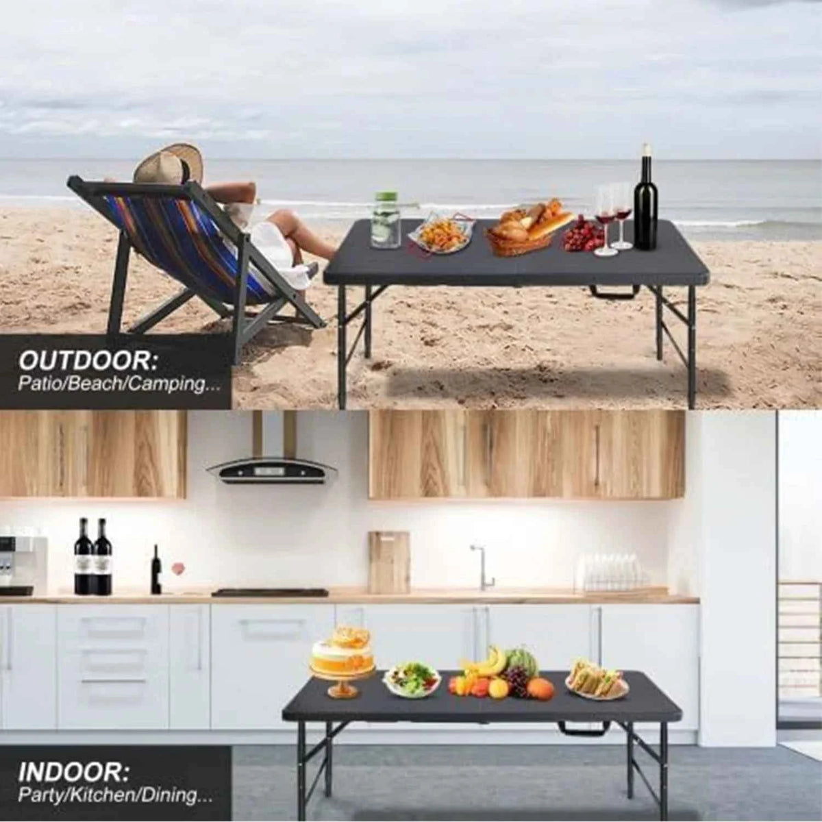 Folding Table 4ft Height, Adjustable Heavy-Duty Plastic 300lb Steel Frame, Portable Table with Carry Handle, Anti-Slip Feet, Waterproof & Easy to Clean,300LBS Weight Capacity for Indoor & Outdoor