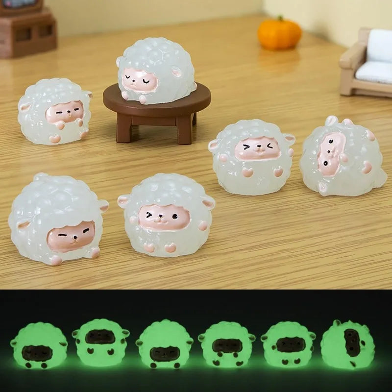 6Pcs Mini Luminous Sheep Figurine Set. Resin Cute Goat Ornament for Fairy Garden Home, Office, Party, Desktop Decoration. DIY Craft Accessories