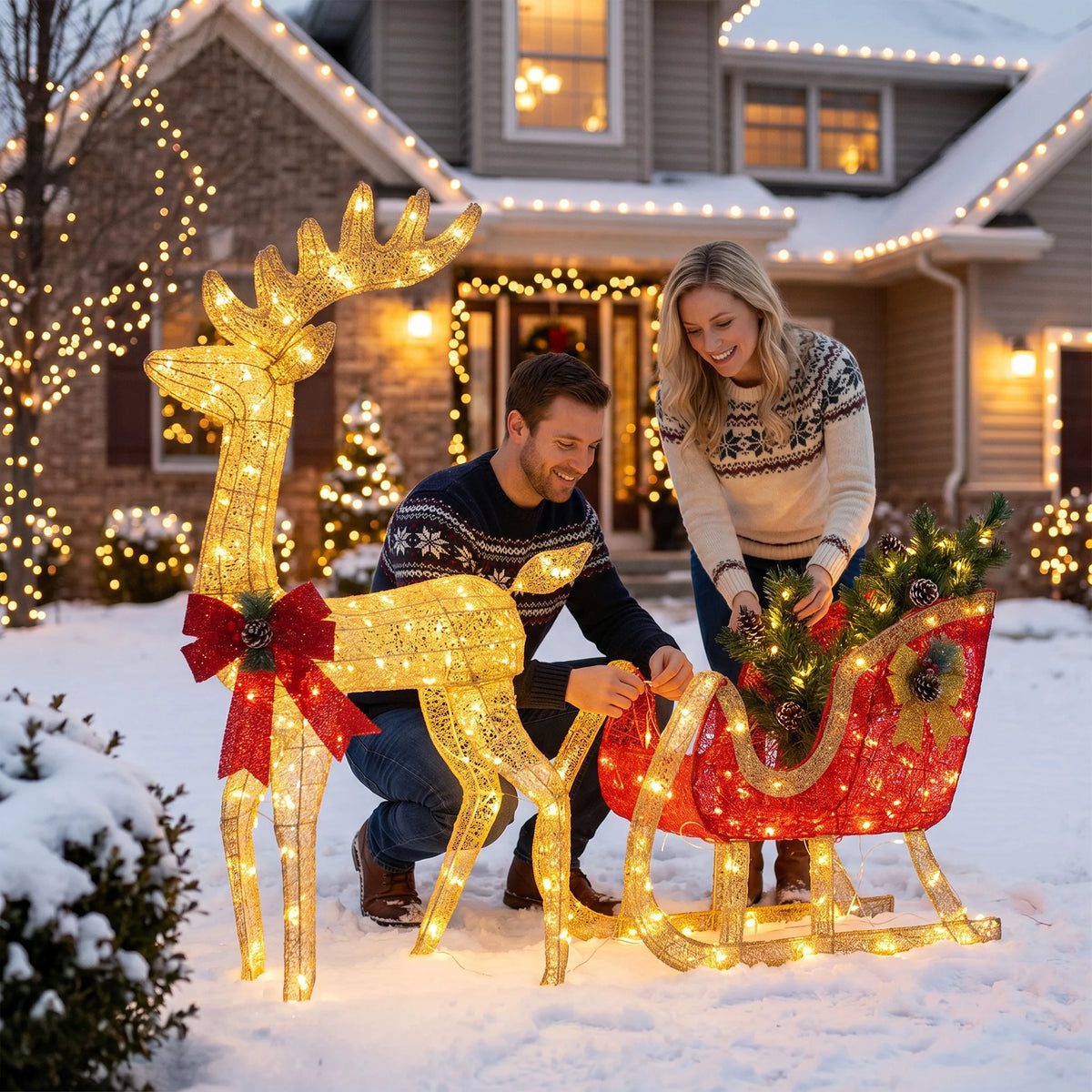 4Ft Lighted Christmas Reindeer And Sleigh Outdoor Yard Decoration Set. Pre Lit White LED Holiday Display. Outdoor Lawn or Porch  Ornament.
