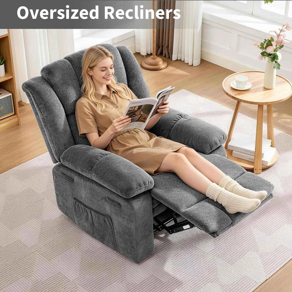 Extra Wide Manual Recliner Chair For Adults. 155 Degree Reclining Upholstered Armchair. Ergonomic Chair With Terry Cloth
