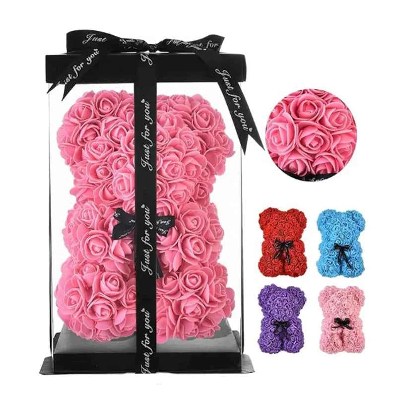 25cm Artificial Teddy Rose Flower Bear with Box. Romantic Valentines Day Gift, Girlfriend,  Anniversary, Wedding Party, Supplies