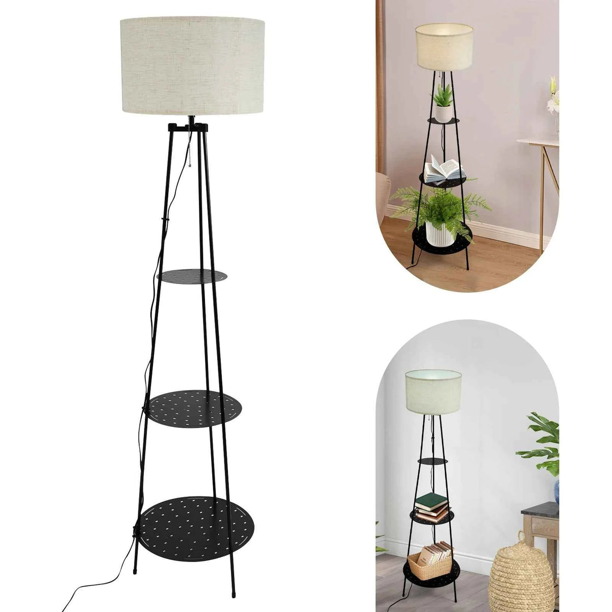 Floor Lamp with 3-Tier Storage Shelves with 3-Color Dimmable E26 Bulb, 120° Wide Illumination 11 lbs per Shelf , Black/Beige