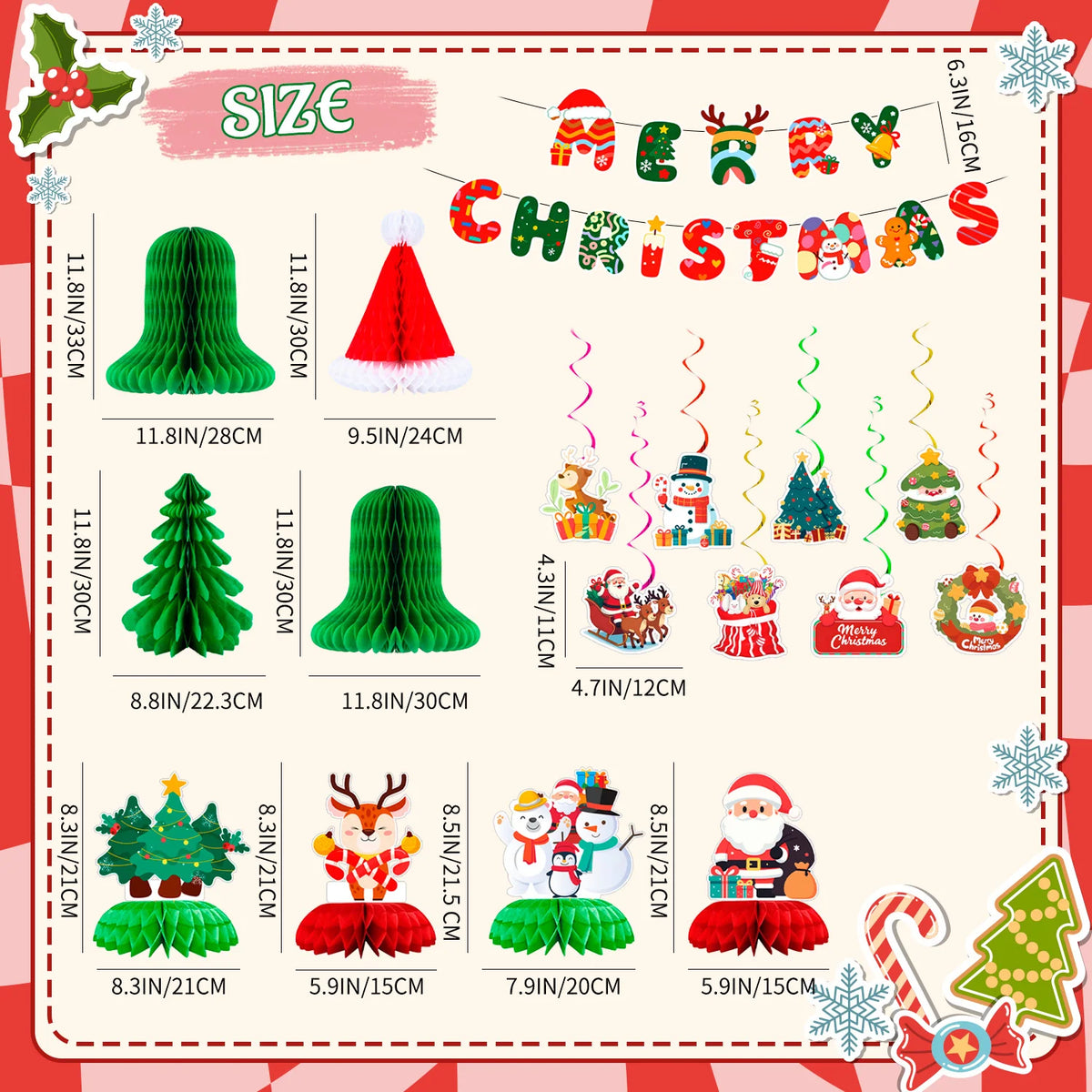 30 Pcs Christmas Party Decorations - Merry Christmas Banner & Christmas Honeycomb Decorations/Christmas Table Centerpieces & Christmas Hanging Swirls for Xmas Party Decorations