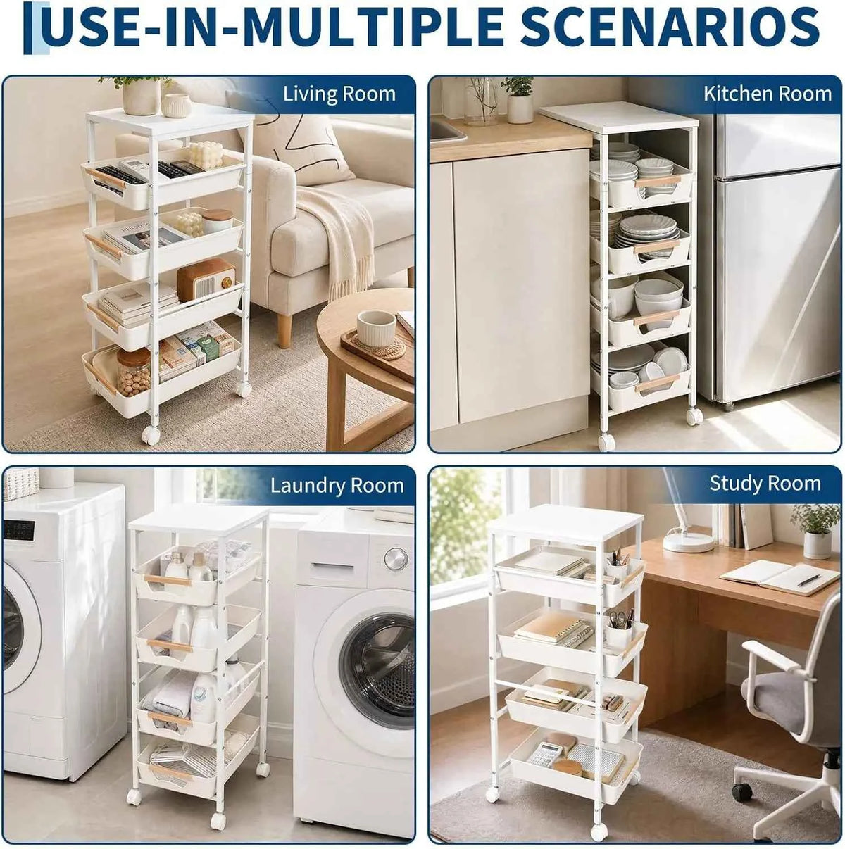 5-Tier Slim Rolling Storage Cart, Narrow Kitchen Cart with Wooden Top and Pull-Out Baskets, Mobile Shelving Unit Organizer for Kitchen, Bathroom, Laundry