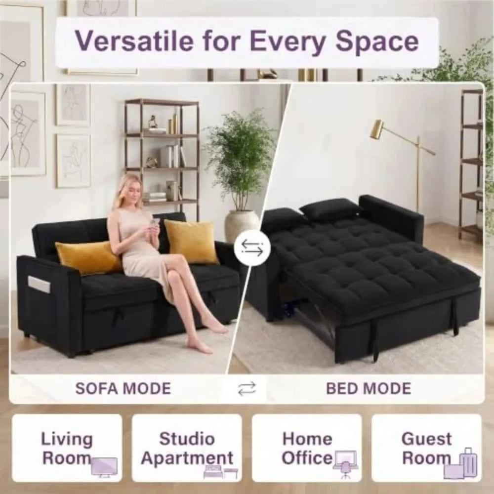 3 in 1 Convertible Sleeper Sofa Bed, 54'' Full Size Velvet Pull Out Futon Couch. With Reclining Backrest & 2 Pillows