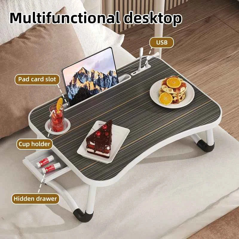 Portable & Foldable Laptop Table with Storage Drawer, Tablet Slot, & Cup Holder.