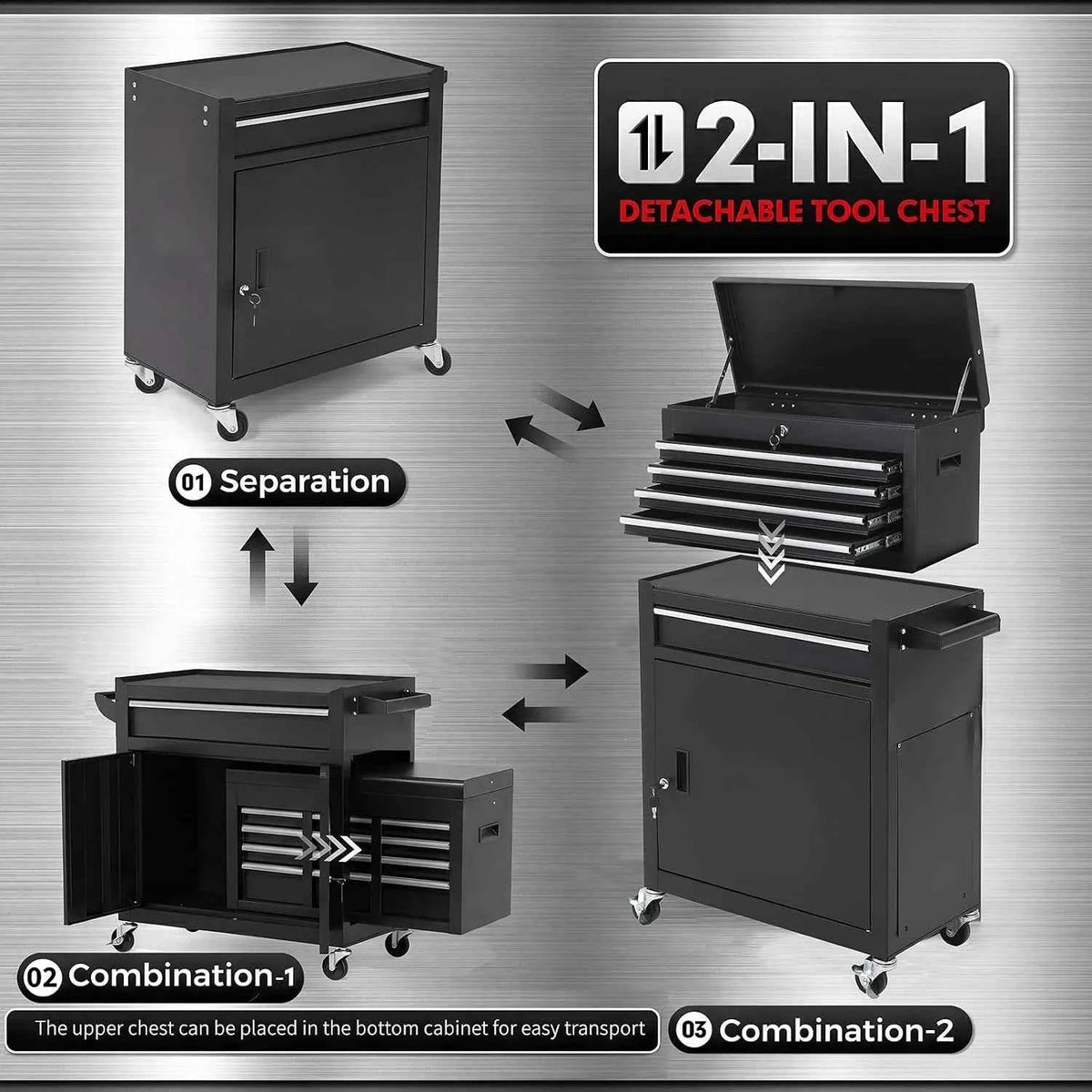 5 Drawer Rolling Tool Cabinet with Lockable Detachable Tool Box, Steel Tool Storage Organizer with Swivel Wheels,