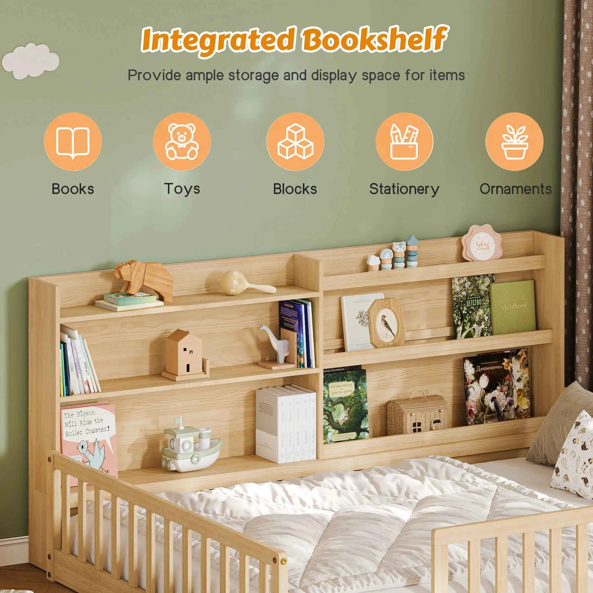 Full Size Floor Bed with Bookshelf & Safety Rails, Solid Pine Wood  Bed Frame, Low-to-Ground  for Kids or Toddler Bed with Wide Entrance, Natural