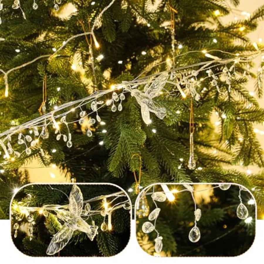 Acrylic Crystal LED Christmas Tree Decor With Fairy Garland Strands with Acrylic Hummingbird. Iron Wire 90 Waterdrop Beads.