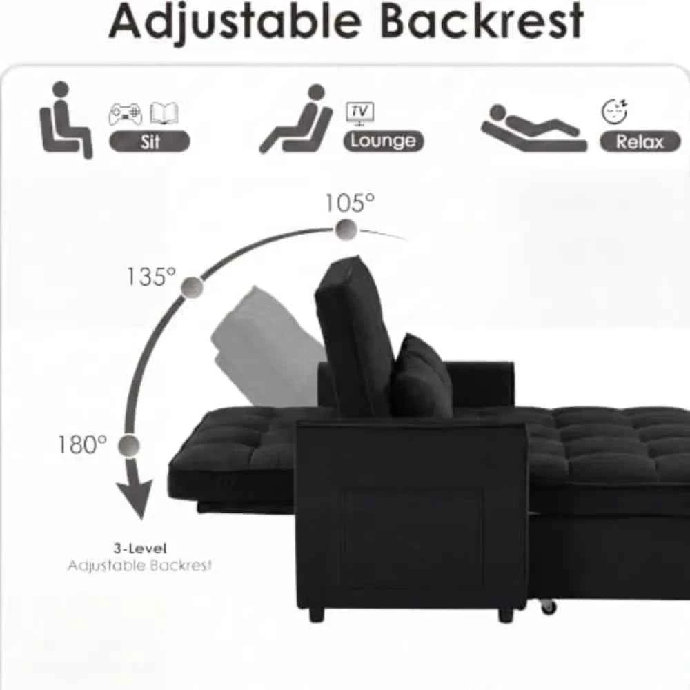 3 in 1 Convertible Sleeper Sofa Bed, 54'' Full Size Velvet Pull Out Futon Couch. With Reclining Backrest & 2 Pillows