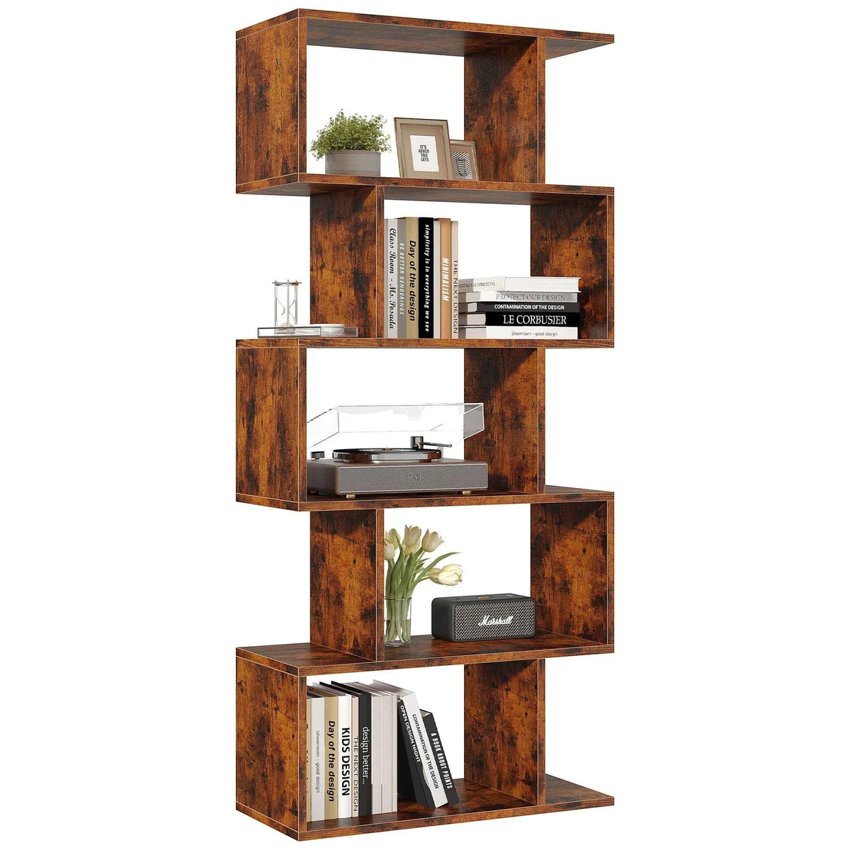 JHK 62 INCH Geometric Bookcase. 5 Tier S-Shaped Wooden Display. Bookshelf, Storage, Standing Shelf. Stable Frame, Graduated Shelves