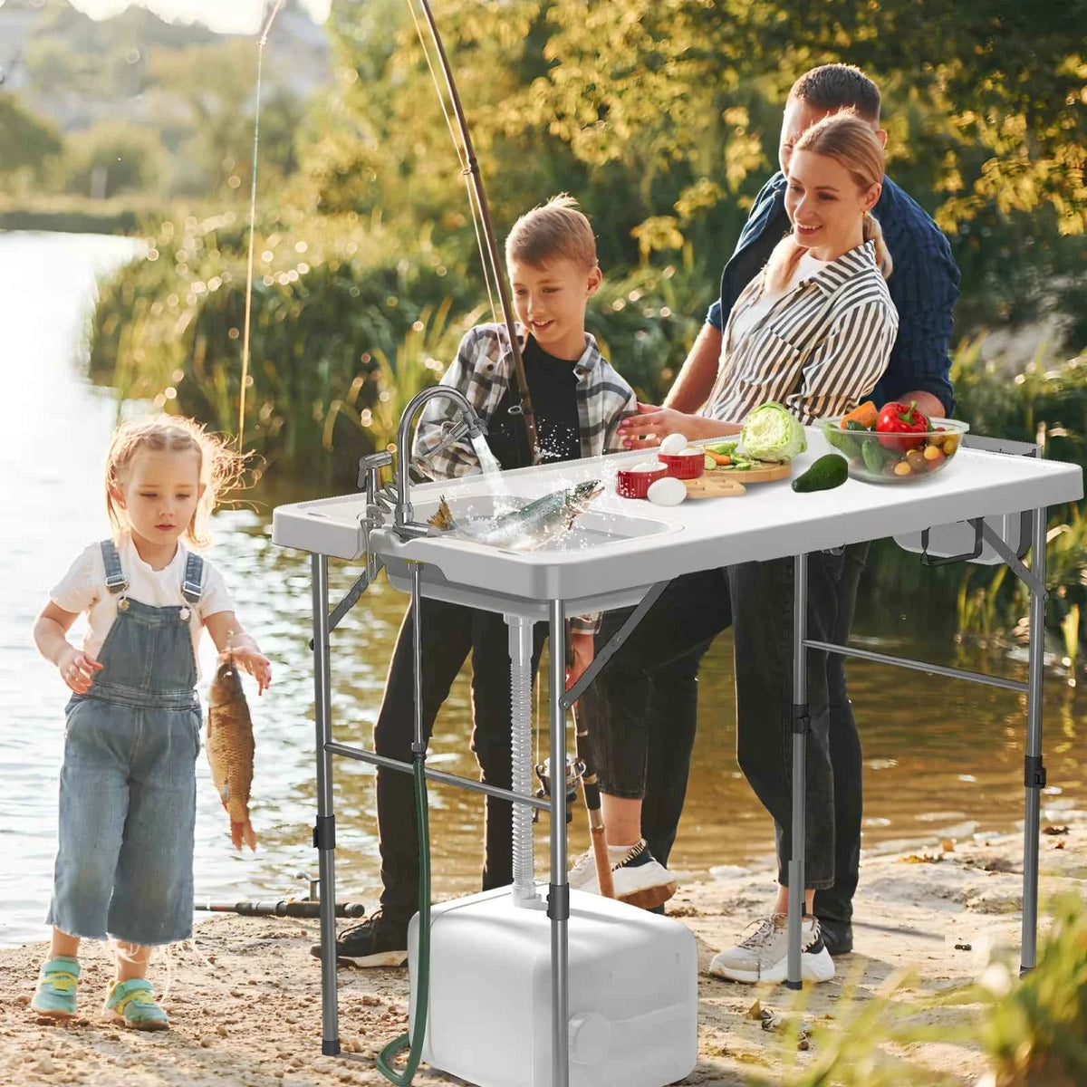 42.5"  Table with Sink, Folding Camping  Cleaning Station with Measure, Mark & Hose Hookup, Outdoor Fillet Table for Picnic, Beach, Patio, White
