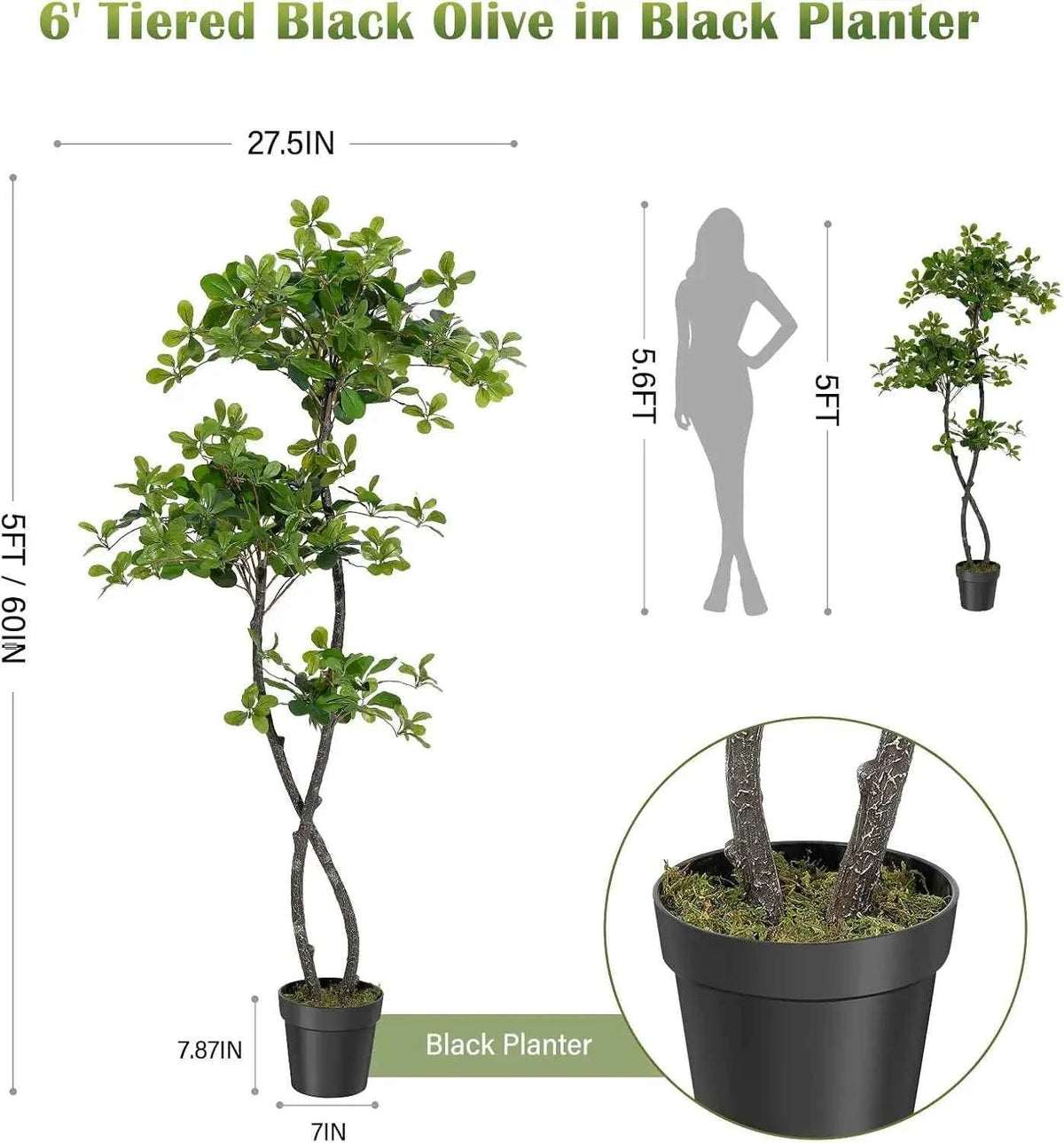 Artificial Plants Indoor, 5/6 ft Fake Black Olive Tree with Pot. Fake Tree Artificial Trees for Home, Office.